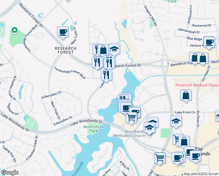 map of restaurants, bars, coffee shops, grocery stores, and more near 1501 Technology Forest Boulevard in The Woodlands