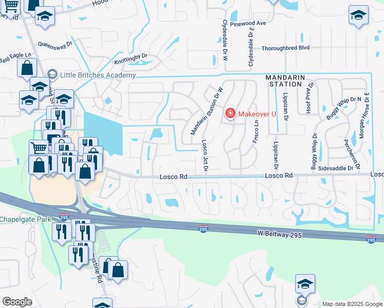 map of restaurants, bars, coffee shops, grocery stores, and more near 4650 Great Western Lane South in Jacksonville