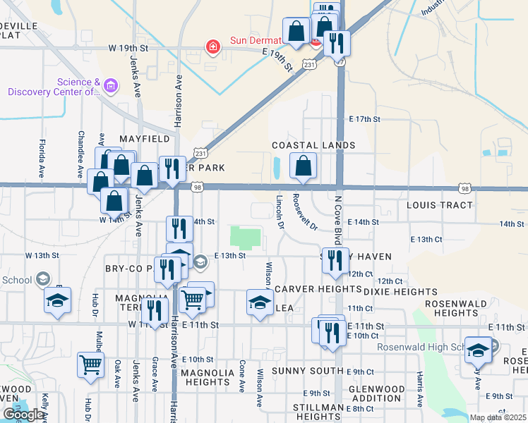 map of restaurants, bars, coffee shops, grocery stores, and more near 1347 Lincoln Drive in Panama City