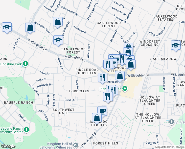 map of restaurants, bars, coffee shops, grocery stores, and more near 2405 Allred Drive in Austin