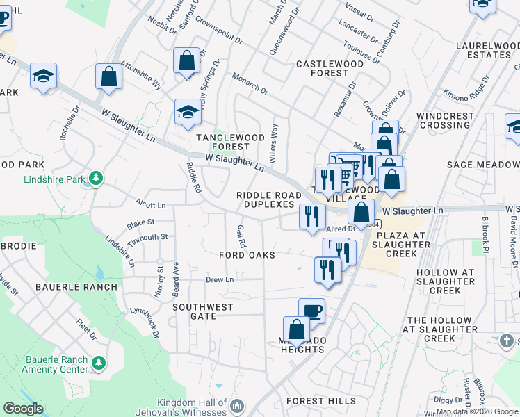 map of restaurants, bars, coffee shops, grocery stores, and more near 10203 Gail Road in Austin