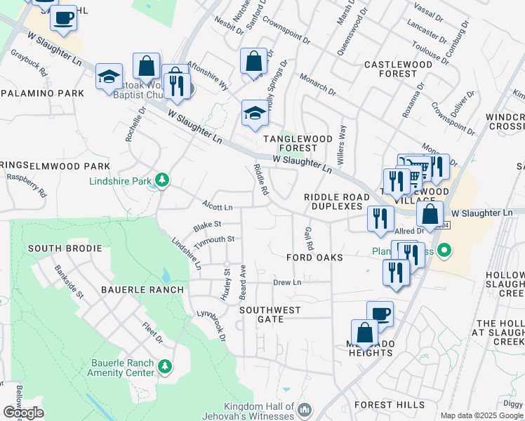 map of restaurants, bars, coffee shops, grocery stores, and more near 2603 Alcott Lane in Austin
