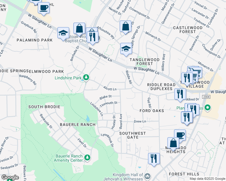 map of restaurants, bars, coffee shops, grocery stores, and more near 2653 Alcott Lane in Austin