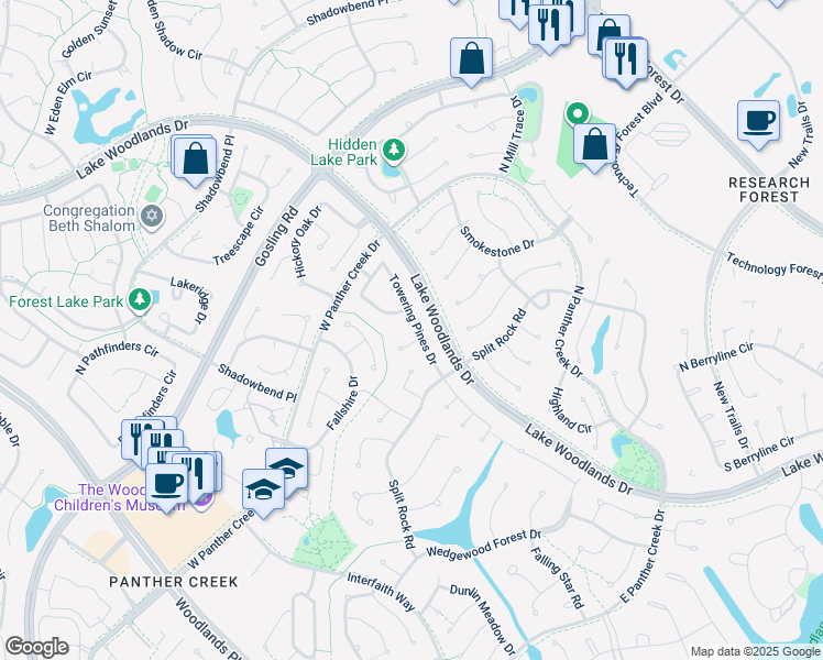 map of restaurants, bars, coffee shops, grocery stores, and more near 52 Towering Pines Drive in Spring