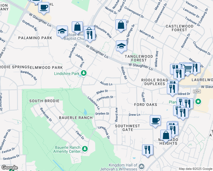 map of restaurants, bars, coffee shops, grocery stores, and more near 2653 Alcott Lane in Austin