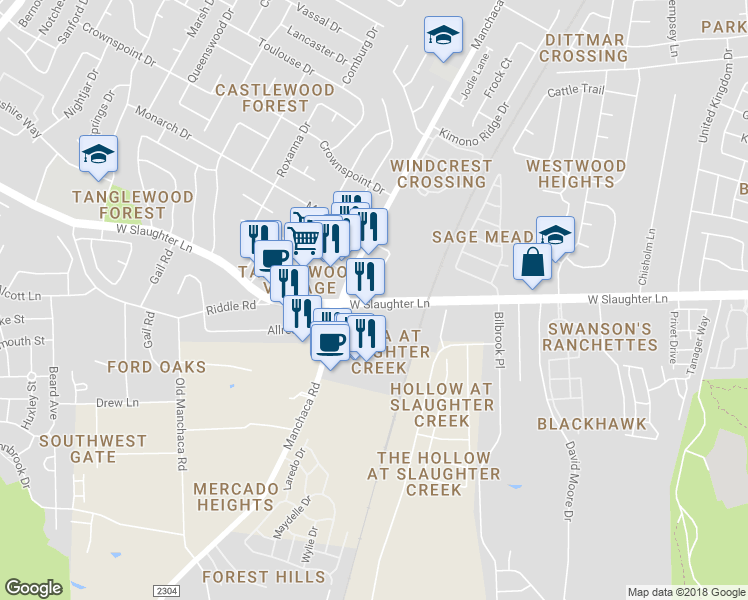 map of restaurants, bars, coffee shops, grocery stores, and more near 1842 West Slaughter Lane in Austin