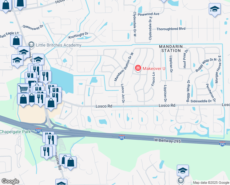 map of restaurants, bars, coffee shops, grocery stores, and more near 4650 Great Western Lane South in Jacksonville