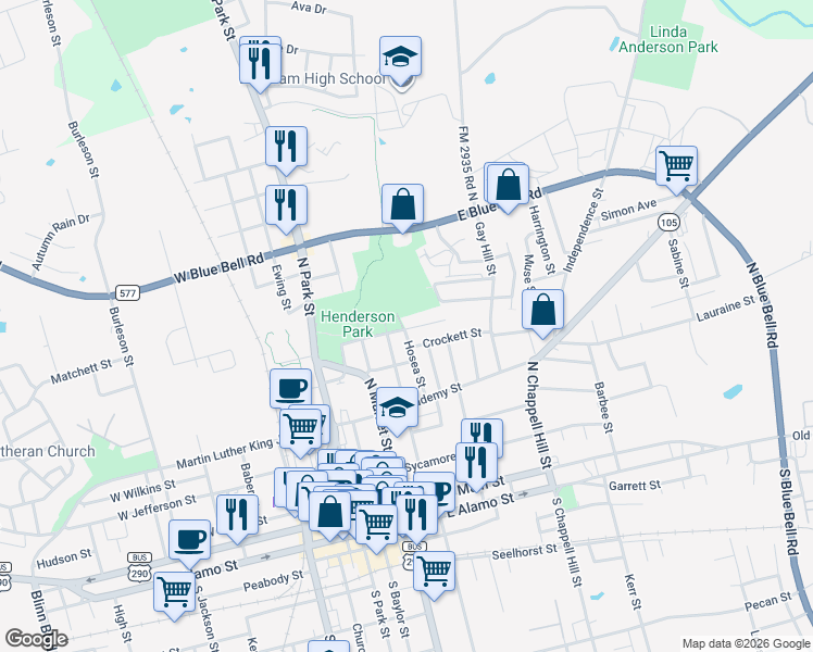 map of restaurants, bars, coffee shops, grocery stores, and more near 503 Riggs Street in Brenham