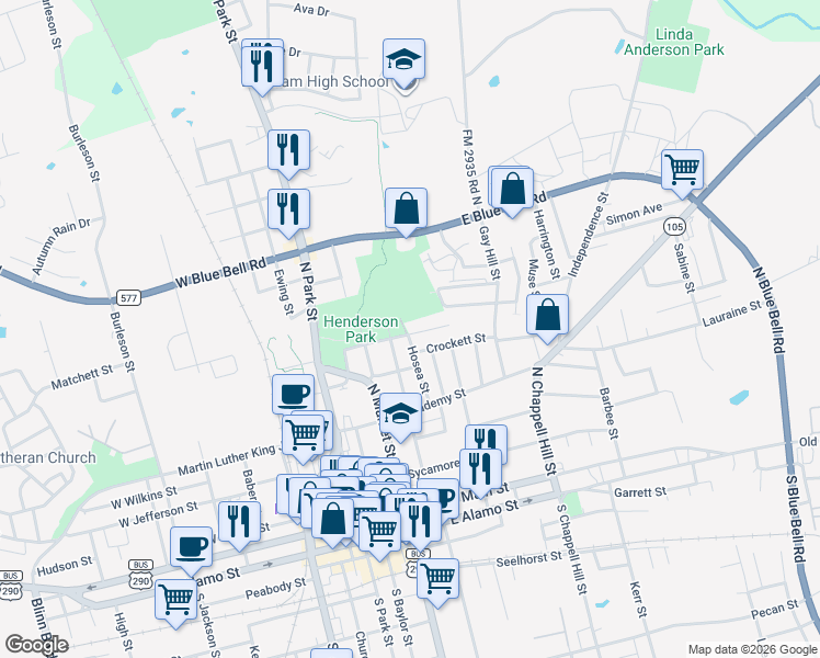 map of restaurants, bars, coffee shops, grocery stores, and more near 503 Riggs Street in Brenham