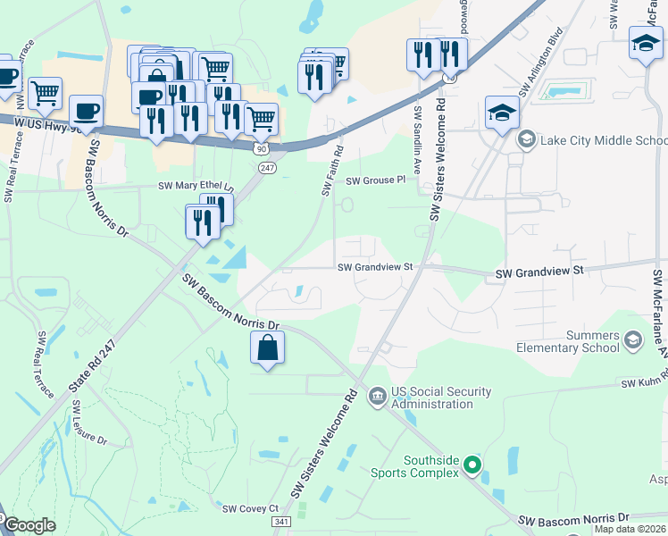 map of restaurants, bars, coffee shops, grocery stores, and more near 3114 Southwest Grandview Street in Lake City