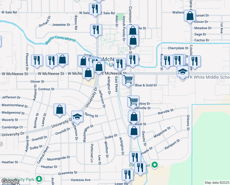 map of restaurants, bars, coffee shops, grocery stores, and more near 162 East Parkway in Lake Charles