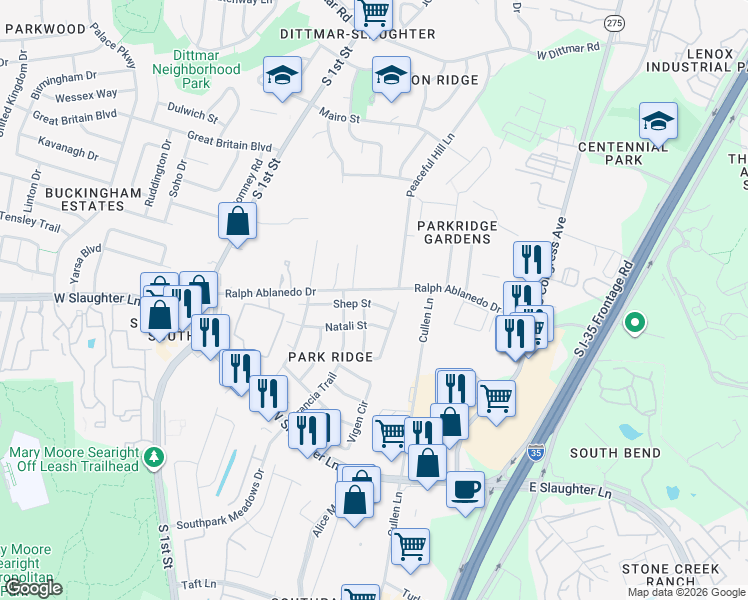 map of restaurants, bars, coffee shops, grocery stores, and more near 316 Shep Street in Austin