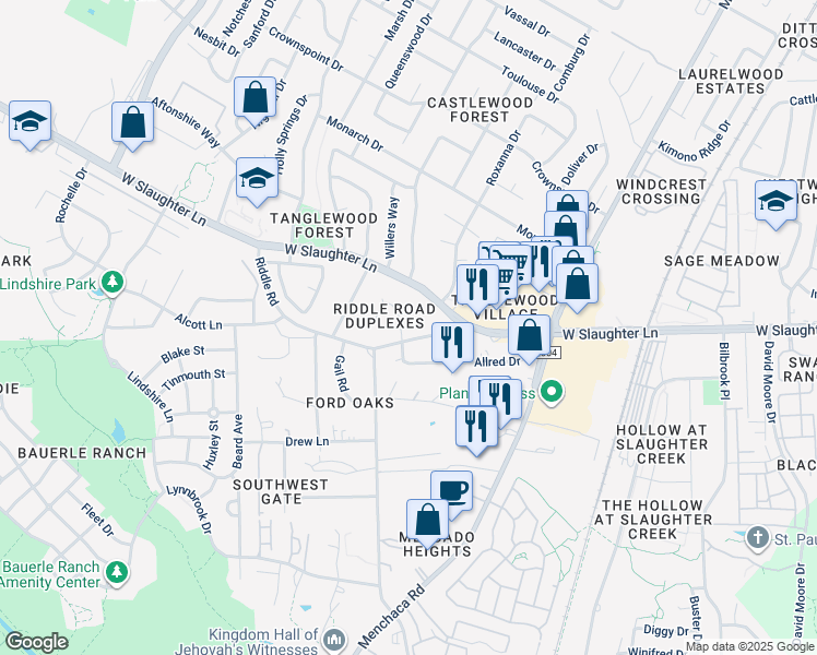 map of restaurants, bars, coffee shops, grocery stores, and more near 2405 Allred Drive in Austin