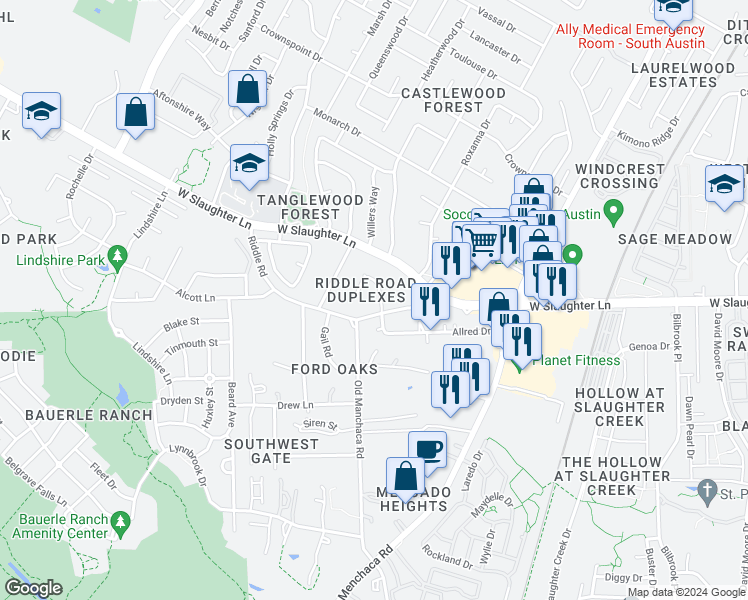 map of restaurants, bars, coffee shops, grocery stores, and more near 2405 Allred Drive in Austin
