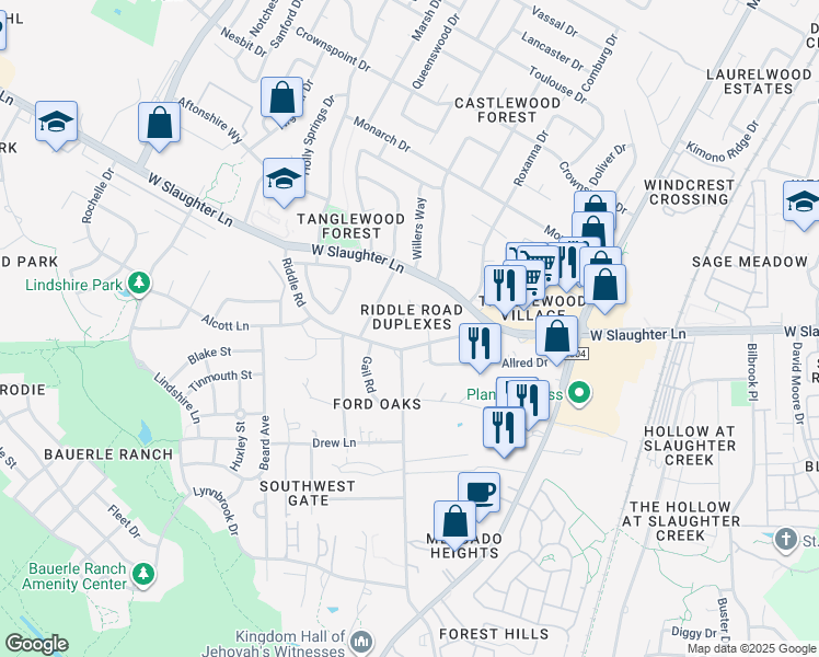 map of restaurants, bars, coffee shops, grocery stores, and more near 2405 Allred Drive in Austin