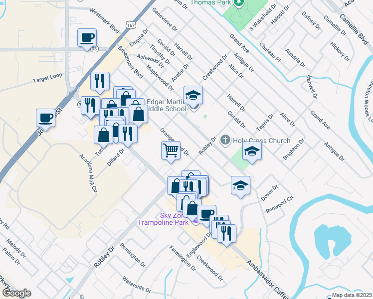 map of restaurants, bars, coffee shops, grocery stores, and more near 345 Orangewood Drive in Lafayette