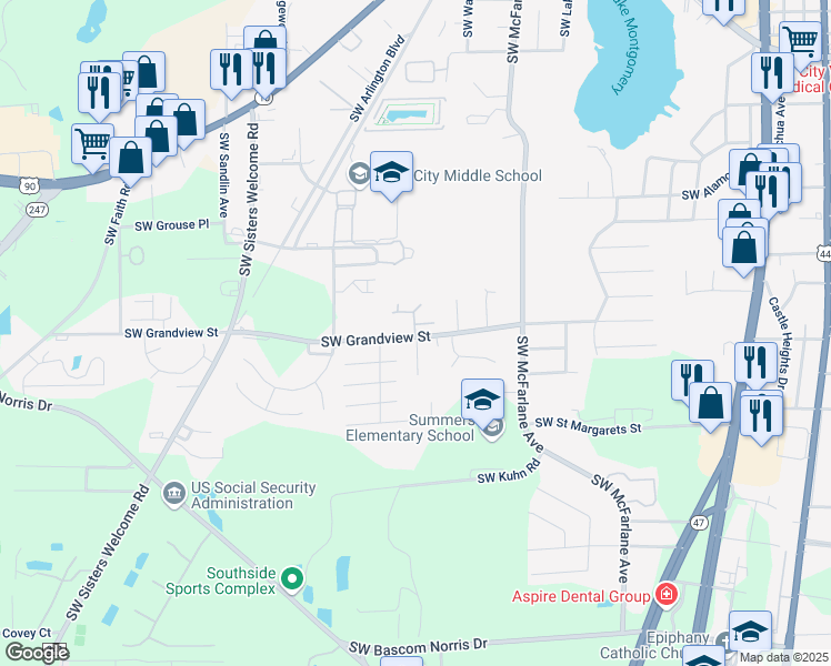 map of restaurants, bars, coffee shops, grocery stores, and more near Southwest Sugarmill Way in Lake City