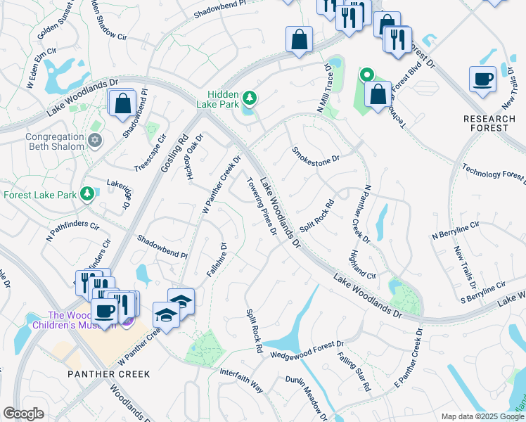 map of restaurants, bars, coffee shops, grocery stores, and more near 52 Towering Pines Drive in Spring