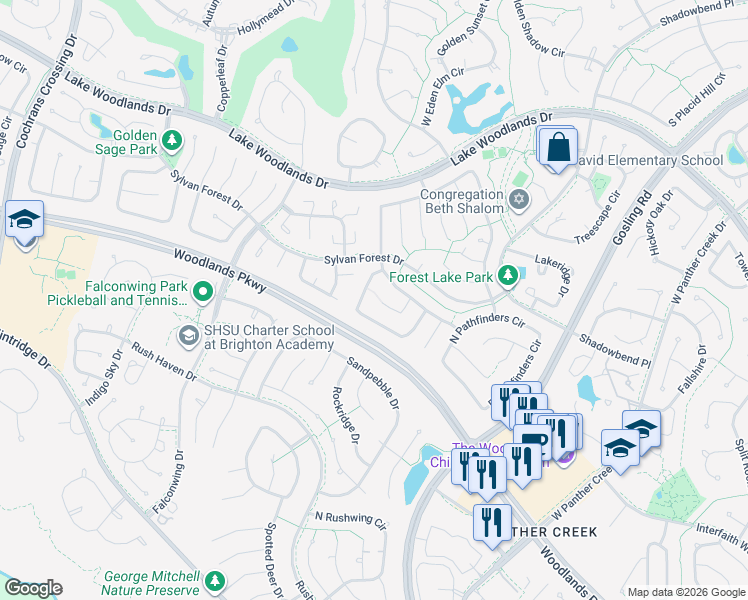 map of restaurants, bars, coffee shops, grocery stores, and more near 47 Whistlers Walk Pl in Spring