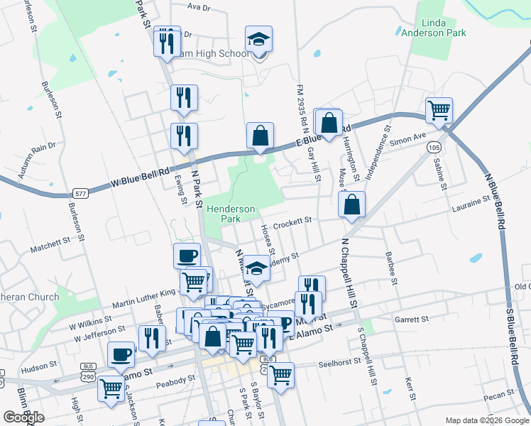 map of restaurants, bars, coffee shops, grocery stores, and more near 503 Riggs Street in Brenham