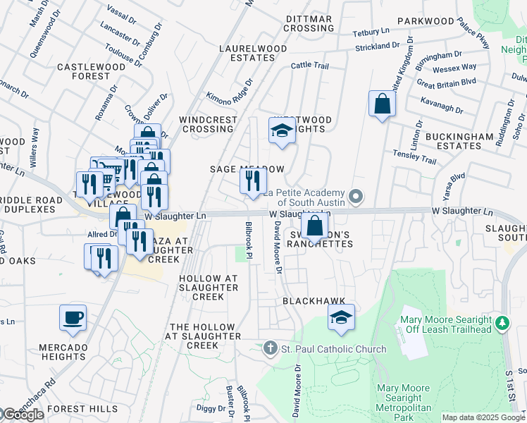 map of restaurants, bars, coffee shops, grocery stores, and more near 1222 West Slaughter Lane in Austin