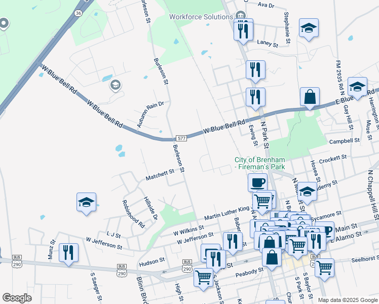 map of restaurants, bars, coffee shops, grocery stores, and more near 1000 Burleson Street in Brenham