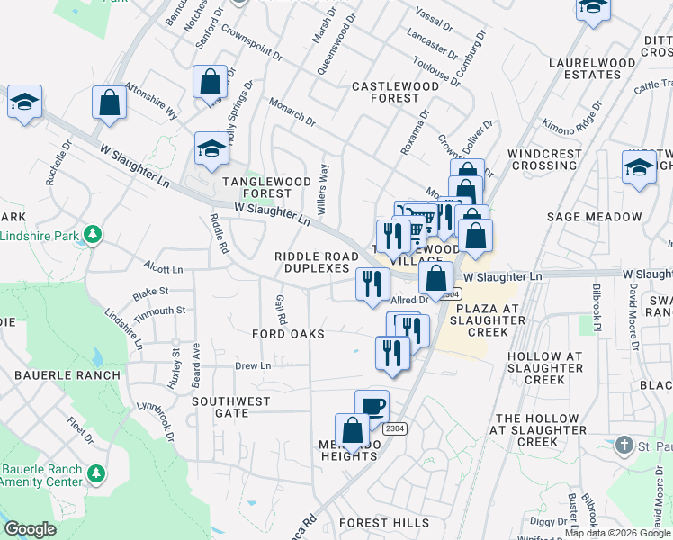 map of restaurants, bars, coffee shops, grocery stores, and more near 2405 Allred Drive in Austin