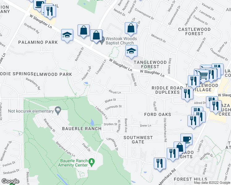 map of restaurants, bars, coffee shops, grocery stores, and more near Alcott Lane in Austin