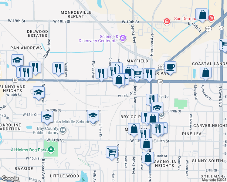 map of restaurants, bars, coffee shops, grocery stores, and more near 241 15th Street in Panama City
