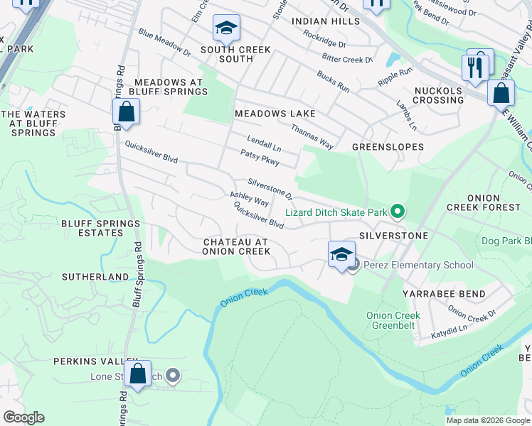 map of restaurants, bars, coffee shops, grocery stores, and more near 7414 Poinsetta Lane in Austin