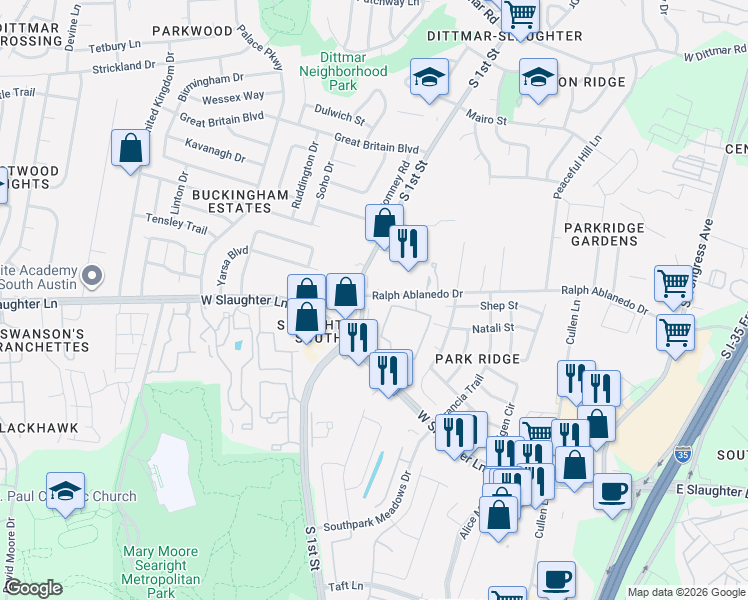 map of restaurants, bars, coffee shops, grocery stores, and more near 8901 Ralph Ablanedo Drive in Austin