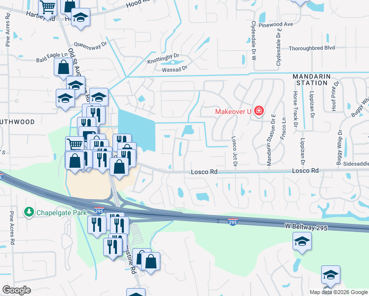 map of restaurants, bars, coffee shops, grocery stores, and more near 11040 Wandering Oaks Drive in Jacksonville