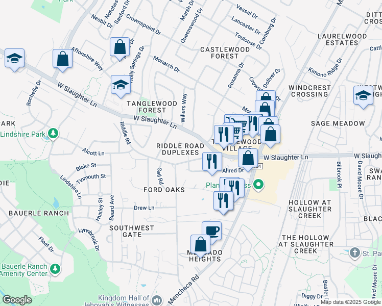 map of restaurants, bars, coffee shops, grocery stores, and more near 2404 Allred Drive in Austin