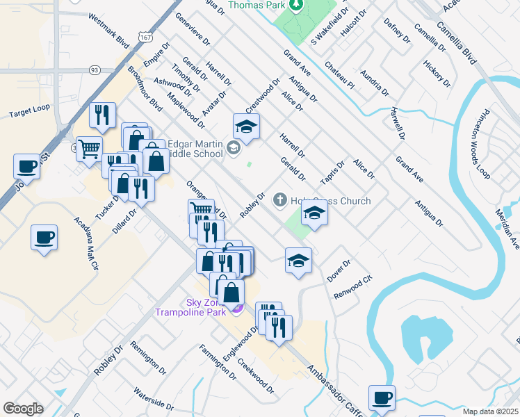 map of restaurants, bars, coffee shops, grocery stores, and more near 502 Broadmoor Blvd in Lafayette