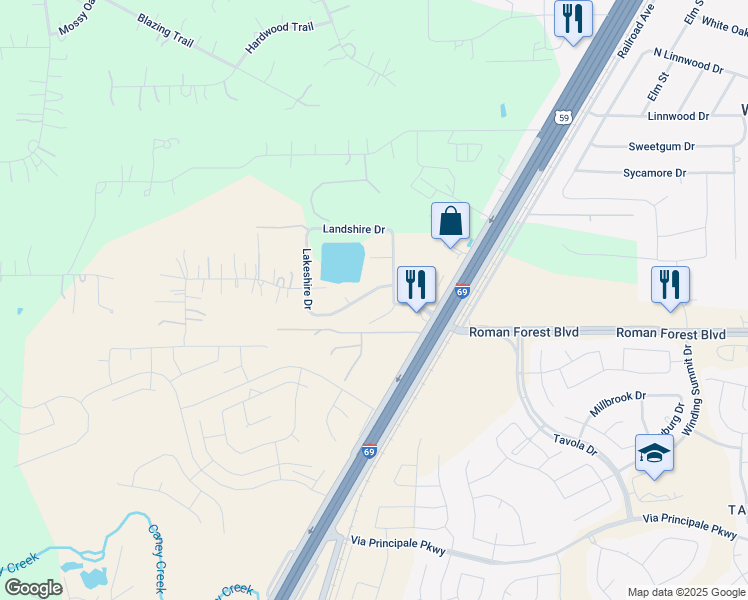 map of restaurants, bars, coffee shops, grocery stores, and more near 23480 Stoneshire Drive in New Caney