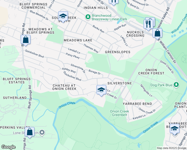 map of restaurants, bars, coffee shops, grocery stores, and more near 7300 Quicksilver Circle in Austin