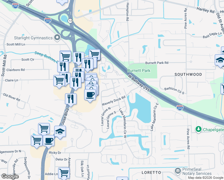 map of restaurants, bars, coffee shops, grocery stores, and more near 3386 Fairbanks Grant Road North in Jacksonville
