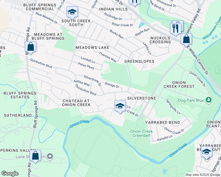 map of restaurants, bars, coffee shops, grocery stores, and more near 7300 Quicksilver Circle in Austin