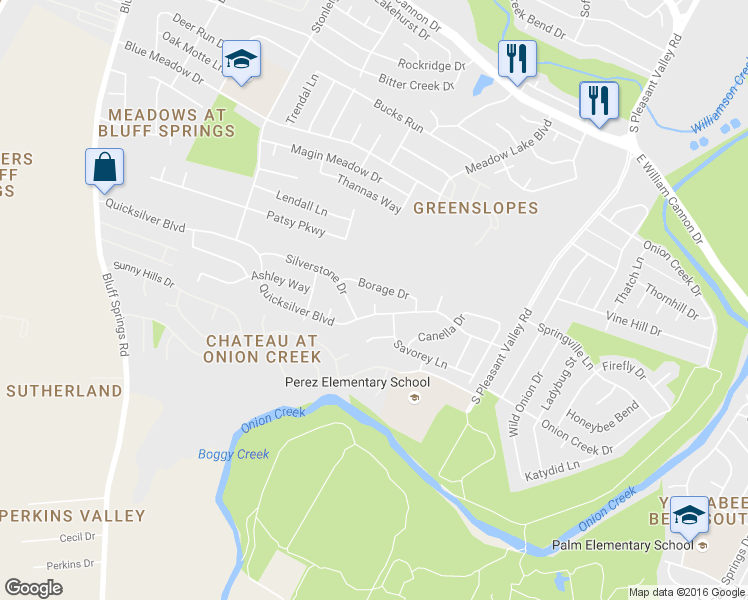 map of restaurants, bars, coffee shops, grocery stores, and more near 7300 Quicksilver Circle in Austin