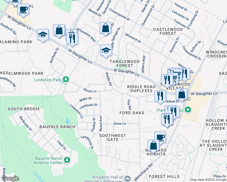map of restaurants, bars, coffee shops, grocery stores, and more near 2603 Alcott Lane in Austin