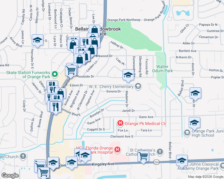 map of restaurants, bars, coffee shops, grocery stores, and more near 369 Sonora Drive in Orange Park