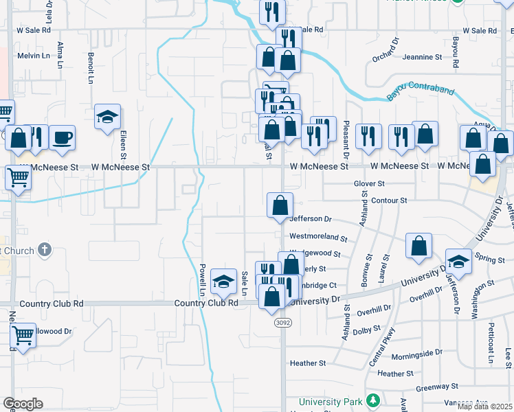 map of restaurants, bars, coffee shops, grocery stores, and more near 4548 Young Lane in Lake Charles