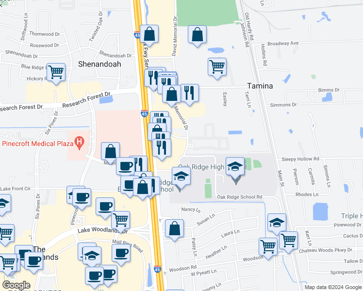 map of restaurants, bars, coffee shops, grocery stores, and more near 19441 Interstate 45 in Shenandoah