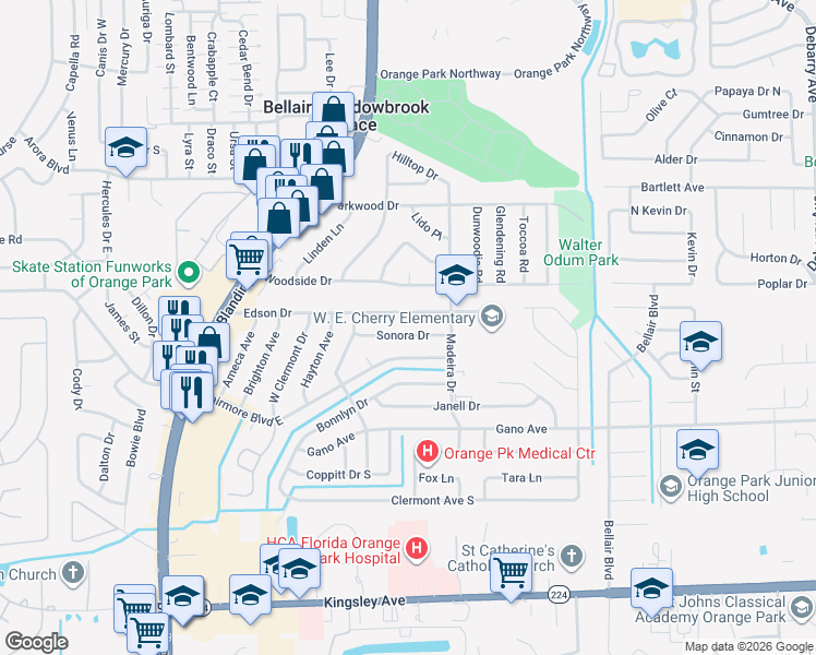 map of restaurants, bars, coffee shops, grocery stores, and more near 369 Sonora Dr in Orange Park