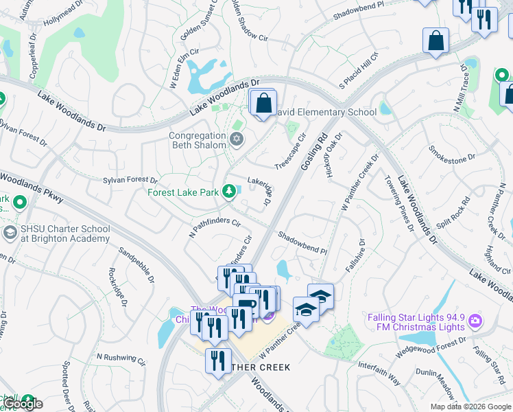 map of restaurants, bars, coffee shops, grocery stores, and more near 99 Lakeridge Drive in Spring