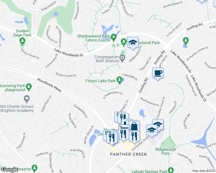 map of restaurants, bars, coffee shops, grocery stores, and more near 14 Sylvan Forest Drive in Spring