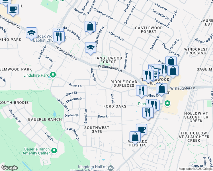 map of restaurants, bars, coffee shops, grocery stores, and more near 2502 Riddle Road in Austin