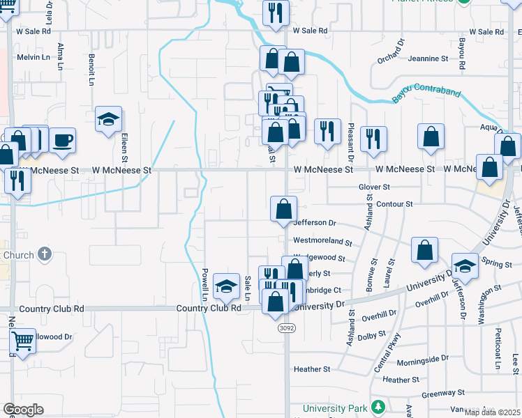 map of restaurants, bars, coffee shops, grocery stores, and more near 4548 Young Ln in Lake Charles