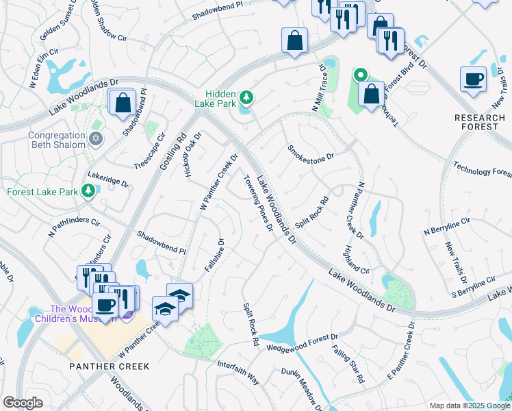 map of restaurants, bars, coffee shops, grocery stores, and more near 48 Towering Pines Drive in Spring
