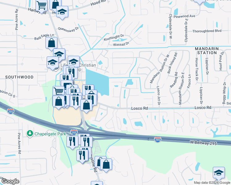 map of restaurants, bars, coffee shops, grocery stores, and more near 11039 Mill Pond Court in Jacksonville
